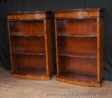 Pair Regency Bookcases Open Front Bookcase Marquetry Inlay